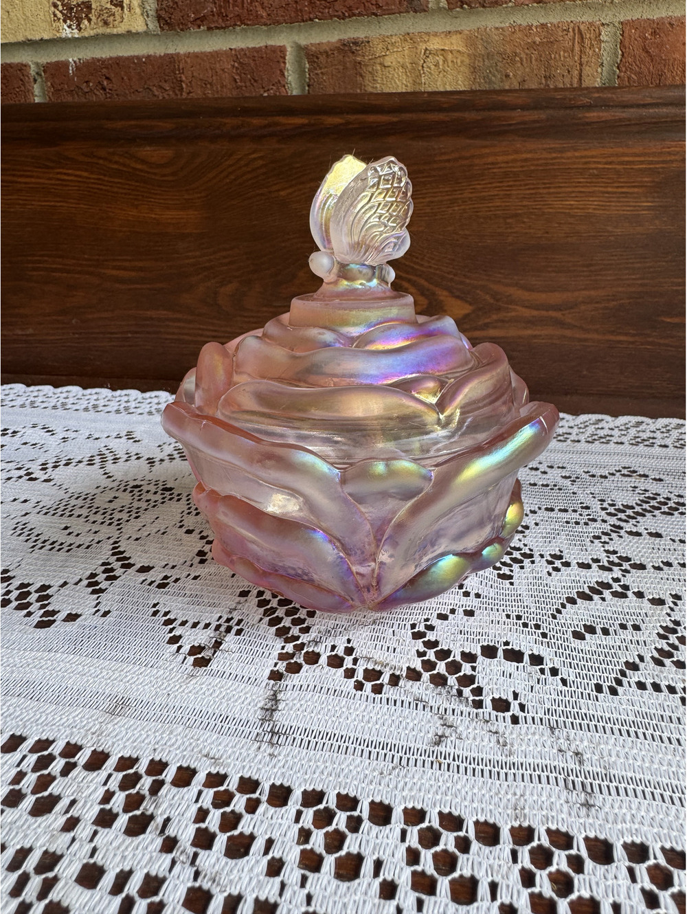 Vintage Fenton Iridescent Pink Glass Rose Shaped Trinket Dish with Butterfly